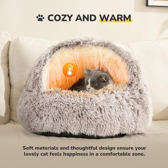 Plush Hooded Cat Bed, Calming Nest, Self-Warming Cave - Picture 1 of 9